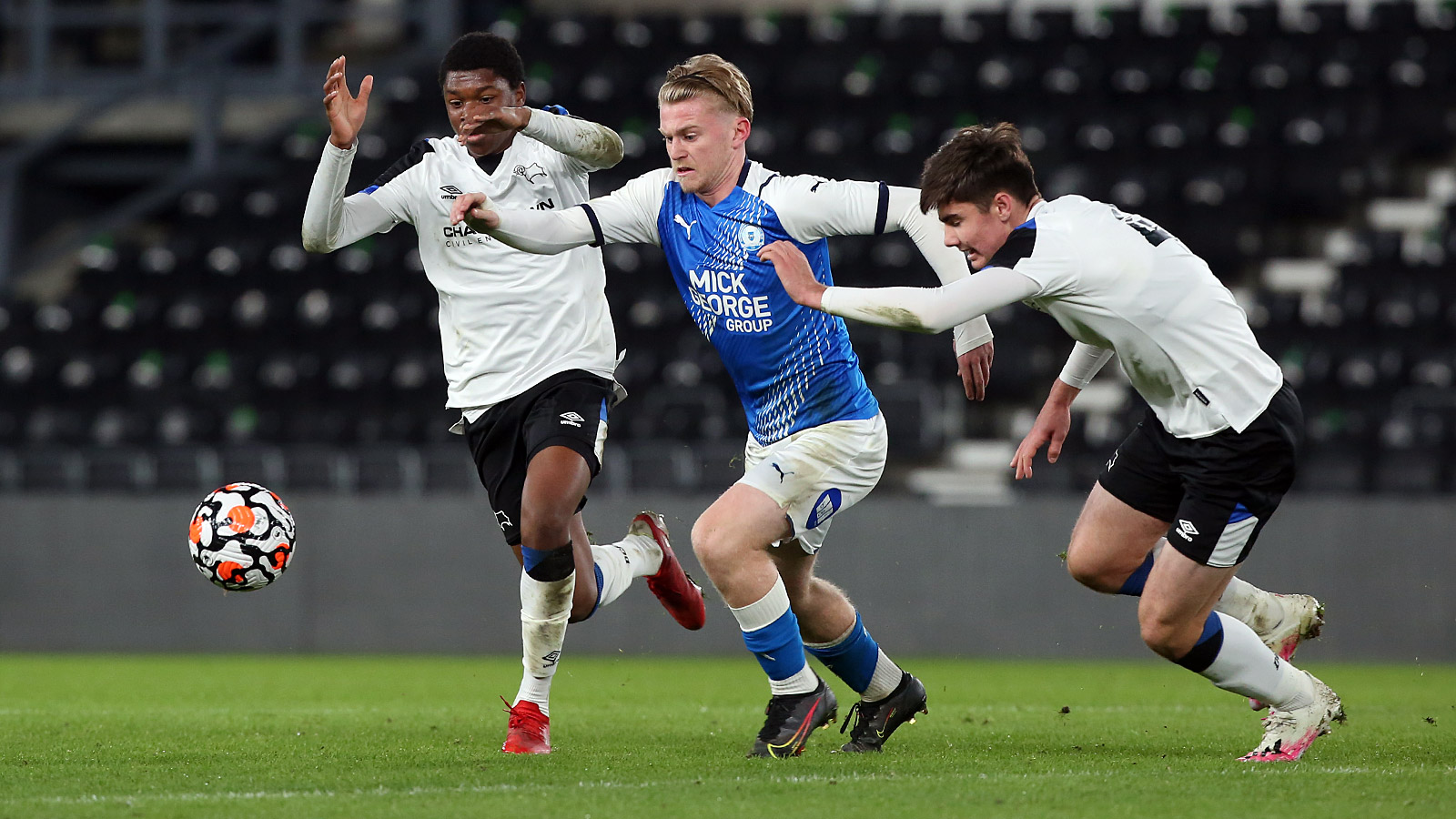 Kellan Hickinson in action against Derby County in the FA Youth Cup