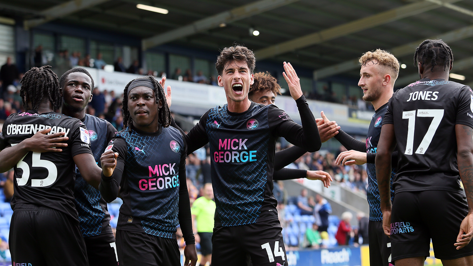 Posh celebrate scoring against Shrewsbury Town