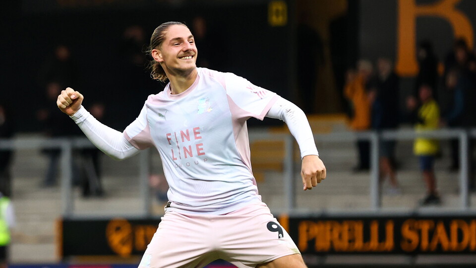 Lorent Tolaj celebrates scoring for Plymouth Argyle
