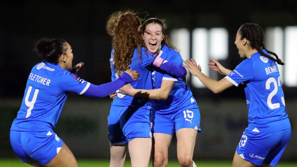 Posh Women celebrate during the win over Notts County Women