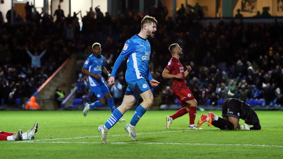 Cian Hayes celebrates scoring against Crawley Town