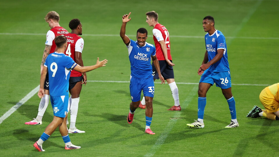 James Dornelly celebrates scoring against York City