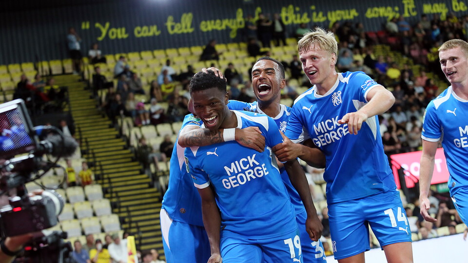 Bolu Shofowoke celebrates his goal at Watford