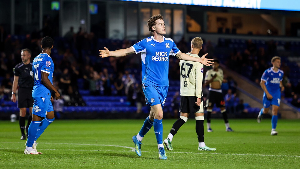 Harry Ashfield celebrates scoring against Ipswich Town U21s