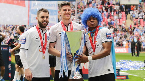 Assombalonga alongside fellow Posh goalscorers Josh McQuoid and Shaun Brisley